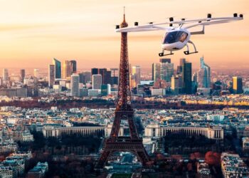 An eVTOL flying on Paris. Credits: volocopter.com.