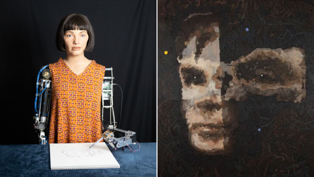 Ai-Da, a humanoid robot artist, alongside her artwork depicting Alan Turing, the father of AI, which sold for $1.1 million.