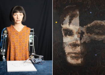 Ai-Da, a humanoid robot artist, alongside her artwork depicting Alan Turing, the father of AI, which sold for $1.1 million.