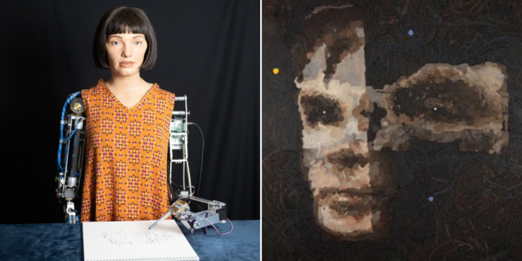 Ai-Da, a humanoid robot artist, alongside her artwork depicting Alan Turing, the father of AI, which sold for $1.1 million.