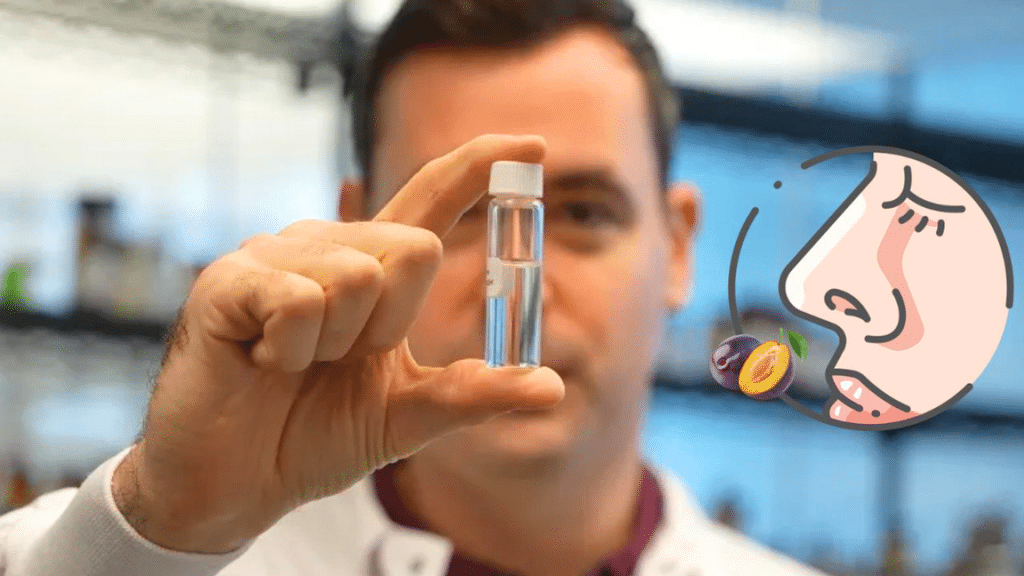 Osmo's CEO holds a vial used for olfactory teleportation, flanked by an illustration representing the smell of plums.