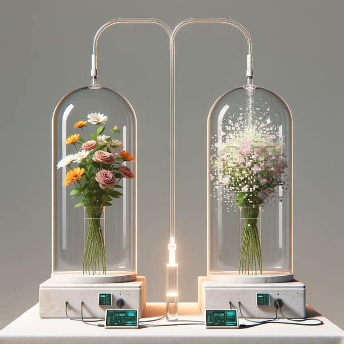 Osmo’s technology teleports the scent of a flower to another location, visualized with an illustration of the fragrance transfer.