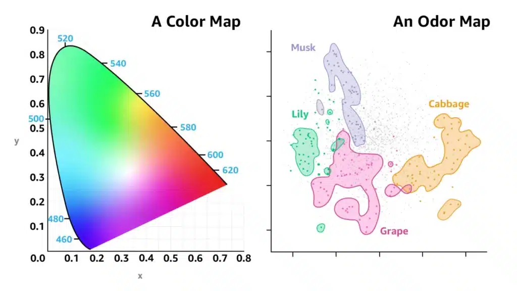 Two maps representing Osmo's technology: one on the left shows colors, and one on the right shows scents, illustrating the scent mapping process.