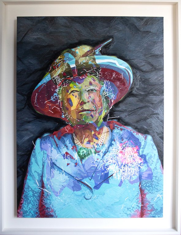 Algorithm Queen, a unique portrait of Queen Elizabeth II created by Ai-Da, the humanoid robot artist, to celebrate the Platinum Jubilee, blending abstract art and artificial intelligence.