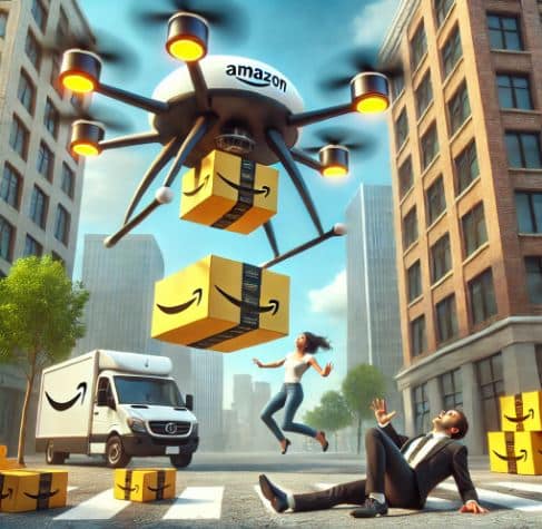 an amazon drone that looks like a ufo kidnaps people on the street, created with artificial intelligence