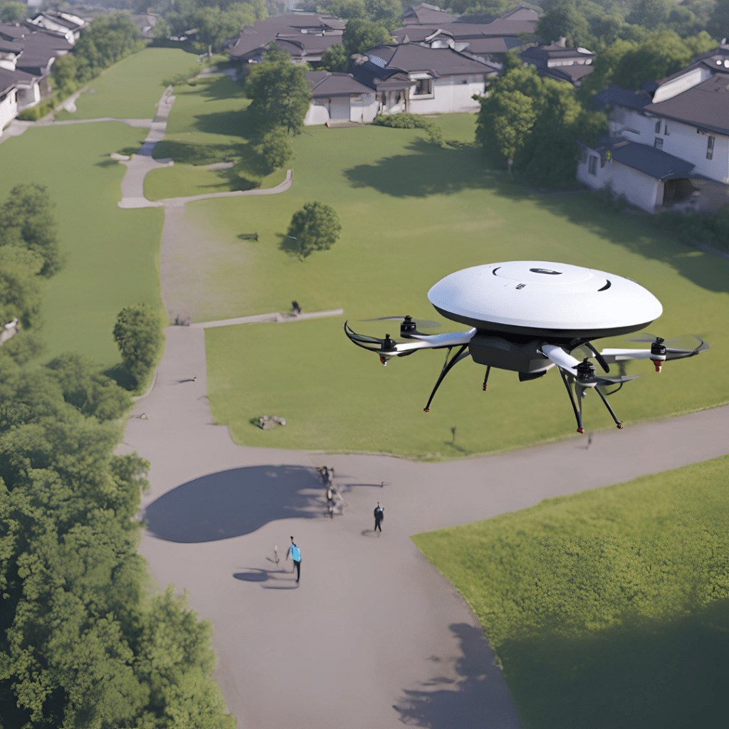 a drone in the garden/backyard that looks like a UFO with people running around, created with artificial intelligence