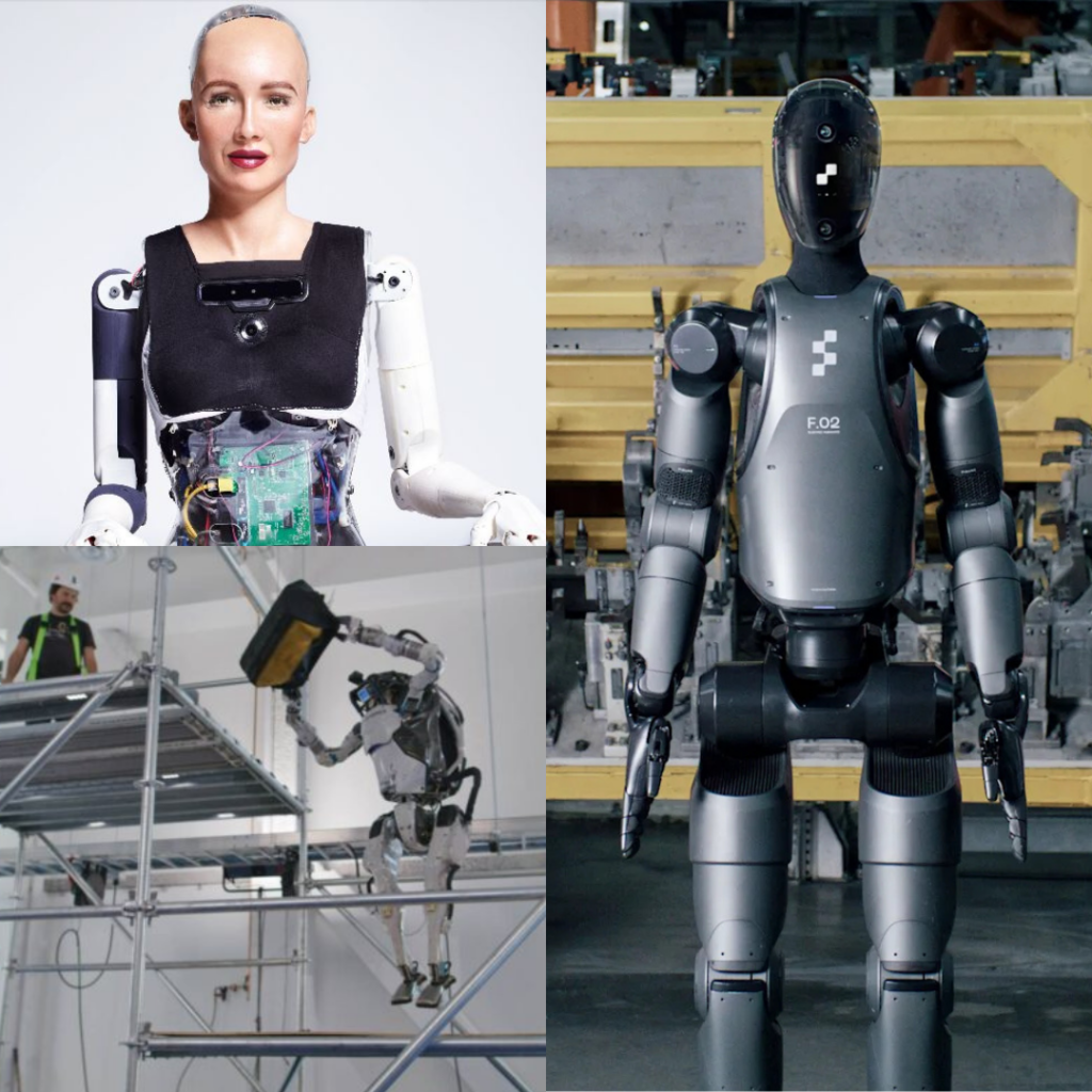 humanoid robots: top left Sophia; right Figure 2.0 and bottom left Atlas